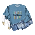 Flat lay of blue DRINK COFFEE sweatshirt with denim jeans and white canvas sneakers - S / Blue (Black Print)