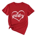 Detail view of red pilates t-shirt with heart print and stylish knotted hem design - Red (White Font)