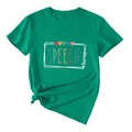 Détail du t-shirt vert orthophonie avec cœurs colorés et ourlet noué sur le côté - Vert Foncé (Lettres Blanches)