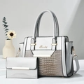 Chic grey crocodile pattern tote bag set with high-gloss finish and gold metal logo - Gray