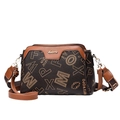 Brown printed crossbody bag with caramel leather trim and dual shoulder straps on white background - Checkered/Yellowish / 26x11x17