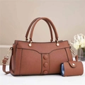 Brown lychee leather tote bag set with pearl buckles and matching mini pouch for women - Earthy Yellow