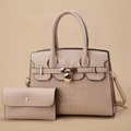 Beige Tragetasche aus Leder mit Krokodilprägung und passendem Portemonnaie-Set - Khaki