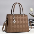 Deep brown quilted crossbody bag with silver star charm and elegant top handles - Khaki