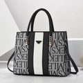 Large cream tote bag with letter print, tricolor stripes, and golden hardware for commuting - Black