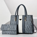 Set borsa tote grigio-blu con stampa di lettere e portafoglio abbinato da donna - Blu