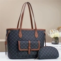 Modisches Monogramm-Tote-Taschen-Set mit grauem Muster und braunem Lederbesatz - 3er-Set (S/M/L) / Schwarz und Braun