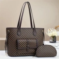Brown monogram tote bag set with matching coin purse and leather handles for women - Coffee