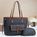 Three-piece printed tote bag set with geometric patterns and brown leather straps - Black and Brown