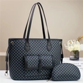 Detail of black and blue polka dot tote bag with matching pouch and snap pocket - Black
