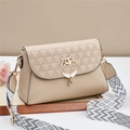 Close-up of beige plaid shoulder bag with geometric embossing and golden wing clasp - Apricot