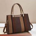 Retro color-block canvas tote bag with brown stripes and adjustable shoulder strap - Coffee / L30 W12 H22