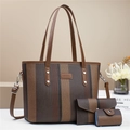 Detailed view of the three-piece striped tote bag set with textured brown finish - L30 W13 H25 / Coffee