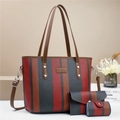 Ensemble de 3 sacs en toile rayée avec poignées en cuir marron et texture tissée - L30 L13 H25 / Rouge