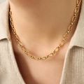 Minimalist 18K gold titanium steel necklace with textured oval links on model - 40+5cm / Gold Color Necklace (P995)