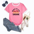 Detail of pink T-shirt with palm tree sunset print and Bring On The Sunshine text - S / Rose Pink