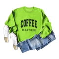 Flat lay of bright green Coffee Weather sweatshirt with jeans and canvas shoes - S / Neon Green (Black Font)