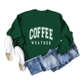 Flat lay of a green crewneck sweatshirt with white Coffee Weather print and blue denim jeans - S / Dark Green (White Font)