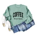 Flat lay of light green crewneck sweatshirt with black COFFEE WEATHER graphic print - S / Light Green (Black Text)