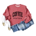 Detailed flat lay of a red long sleeve sweatshirt featuring COFFEE WEATHER lettering - S / Red (Black Font)