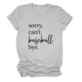 Close-up of sorry can't baseball bye print on light grey cotton t-shirt fabric - Light Grey (Black Font)