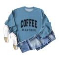 Close-up of Coffee Weather print on blue crewneck sweatshirt with ribbed cuffs - S / Blue (Black Font)