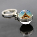 Paris Eiffel Tower keychain with double-sided glass ball pendant in silver finish - Blue-Green Sky Style (JY007582-13)