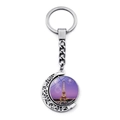 Rotating Eiffel Tower keychain with silver crescent moon frame and night sky glass pendant - Purple Night Fireworks (JY007580-9)