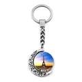 Crescent moon keychain with rotating glass pendant featuring Eiffel Tower art - Rosy Clouds Eiffel Tower (JY007580-11)