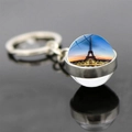 Eiffel Tower glass ball keychain with silver metal ring and double-sided scenery art - Dusk Panorama Style (JY007582-5)