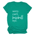 Close-up of SORRY CAN'T printed letters on green crew neck cotton t-shirt fabric - Dark Green (White Font)