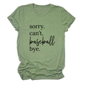Close-up of olive green t-shirt with sorry can't baseball bye print and crew neckline - Olive Green (Black Font)