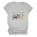 Detail view of Let's root for each other slogan and vegetable print on grey t-shirt - S / Tops / Light Grey (Black Text)