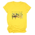 Close-up of Let's root for each other slogan and vegetable graphic on yellow cotton tee - S / Tops / Yellow (Black Text)
