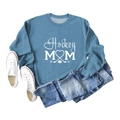 Close-up of gray-blue Hockey Mom sweatshirt with graphic print and denim jeans - S / Blue Sweatshirt (White Font)