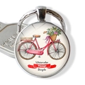 Macro detail of round silver keychain with vintage watercolor red bicycle illustration - Watercolor Vintage Red Bicycle (JY007506-15)
