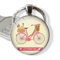 Macro detail of silver bike keychain with vintage pink bicycle and floral pattern - Pink Vintage Bike and Flower Basket (JY007506-14)
