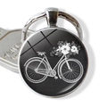 Close-up of vintage bicycle and flower basket art under glass dome on silver keyring - Artistic Sketch Bicycle and Flowers (JY007506-12)