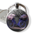 Vintage silver keychain with glass cabochon featuring a blue bicycle and purple flowers - Blue Bicycle and Pink Purple Flowers (JY007506-9)