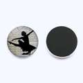 Macro view of round glass magnet showing ballet silhouette on vintage music notes - Rich Artistic Sheet Music Dancer (JY007577-9)
