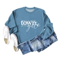 Close-up of blue sweatshirt with 'just a small town girl' print and ribbed neckline detail - Blue (White Font)