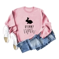 Detail of pink crewneck sweatshirt featuring black Bunny Mom print and bunny silhouette - S / Pink Sweatshirt (Black Font)