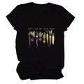 Detail of Let's Root For Each Other slogan and watercolor vegetable print on black t-shirt - S / Tops / Black (White Text)