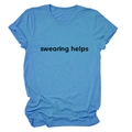 Detail of the sky blue cotton T-shirt featuring bold black swearing helps print - S / Lake Blue (Black Font)