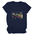 Close-up of navy cotton t-shirt with Let's root for each other vegetable illustration - S / Tops / Navy Blue (White Text)