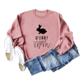 Flat lay of pink Bunny Mom sweatshirt with rabbit silhouette and blue jeans - S / Rose Gold Sweatshirt (Black Font)