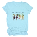 Close-up of light blue T-shirt with vegetable illustration and Let's root for each other text - S / Tops / Light Blue (Black Text)