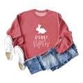 Close-up of Bunny Mom white print and rabbit silhouette on casual red sweatshirt - S / Red Sweatshirt (White Font)