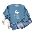Flat lay view of blue bunny mom sweatshirt with white rabbit silhouette and casual denim jeans - S / Blue Sweatshirt (White Font)