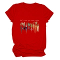 Detail of red cotton t-shirt featuring watercolor vegetable print and inspirational text - S / Tops / Red (White Text)